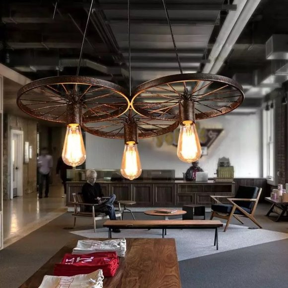 Rustic 3 Bulb Wagon Wheel Chandelier Distressed Bronze Finish Home Business - Picture 2 of 13